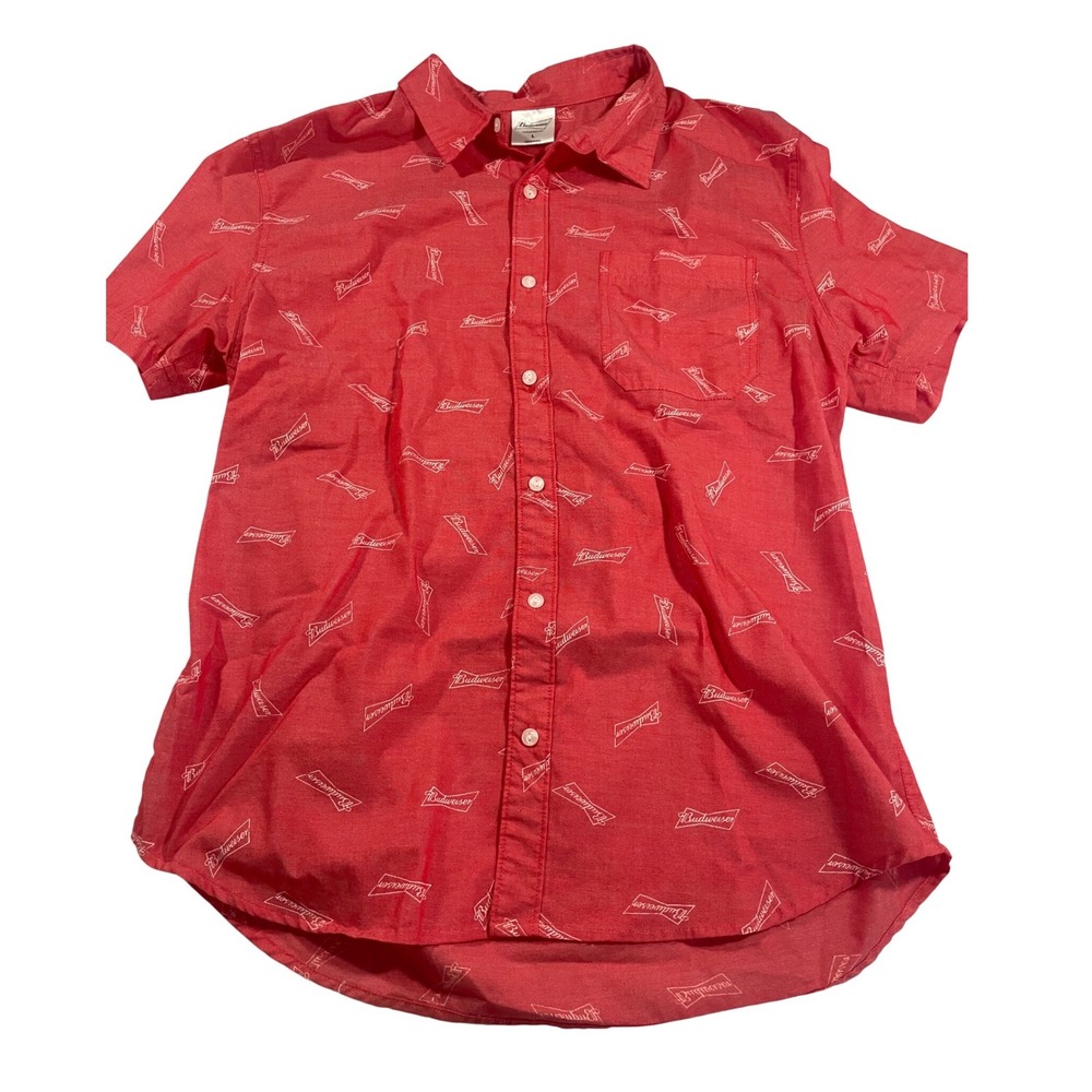 Budweiser Mens Short Sleeve Button Up Shirt L Red Logo Print Beer Novelty Work